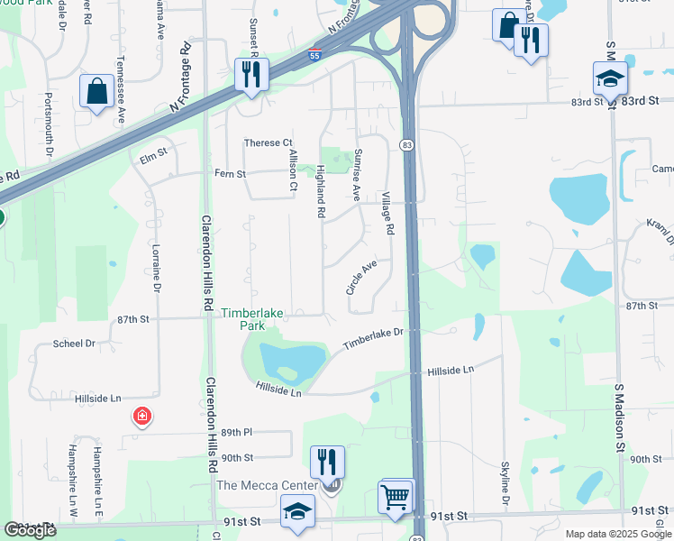 map of restaurants, bars, coffee shops, grocery stores, and more near 9S705 Sunrise Avenue in Willowbrook