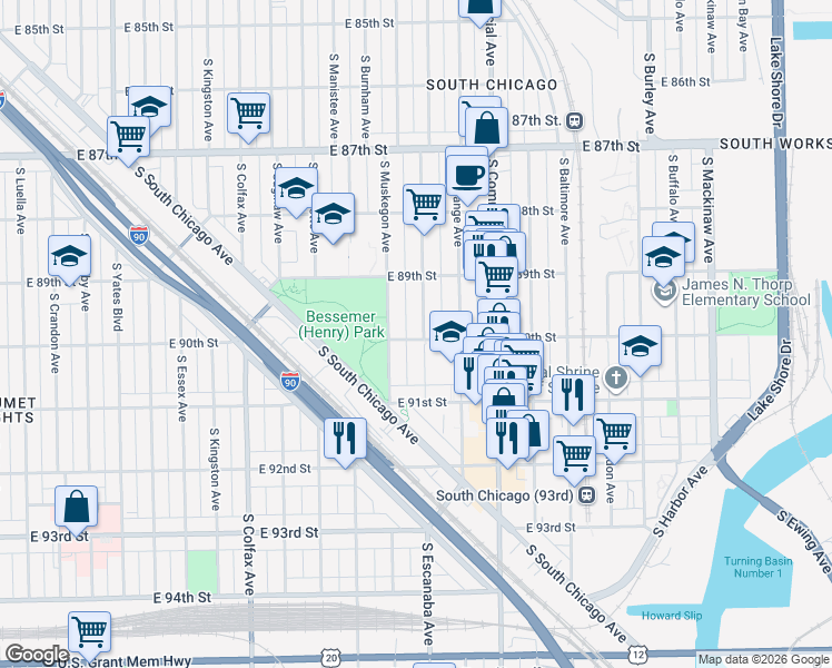 map of restaurants, bars, coffee shops, grocery stores, and more near 8956 South Escanaba Avenue in Chicago