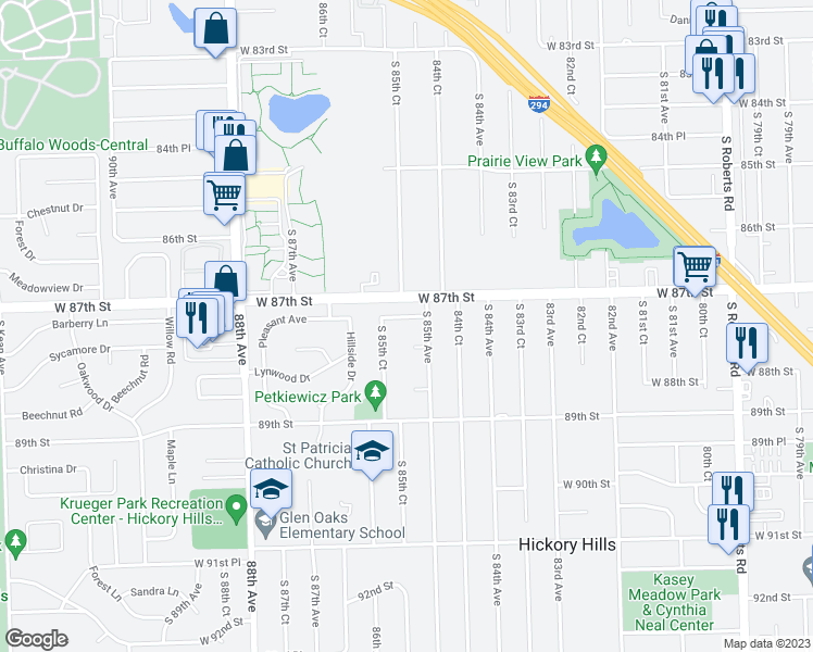 map of restaurants, bars, coffee shops, grocery stores, and more near 8517 West 87th Place in Hickory Hills