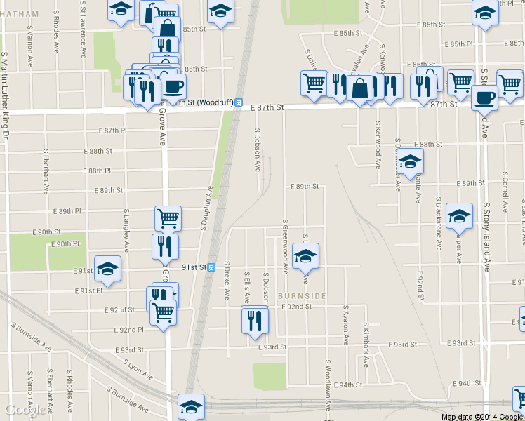 map of restaurants, bars, coffee shops, grocery stores, and more near 1012 East 90th Street in Chicago