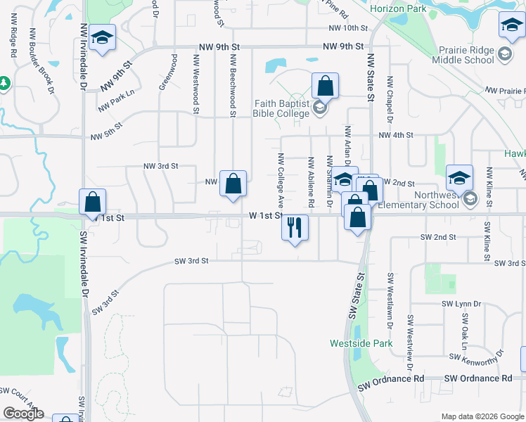 map of restaurants, bars, coffee shops, grocery stores, and more near 2103 West 1st Street in Ankeny