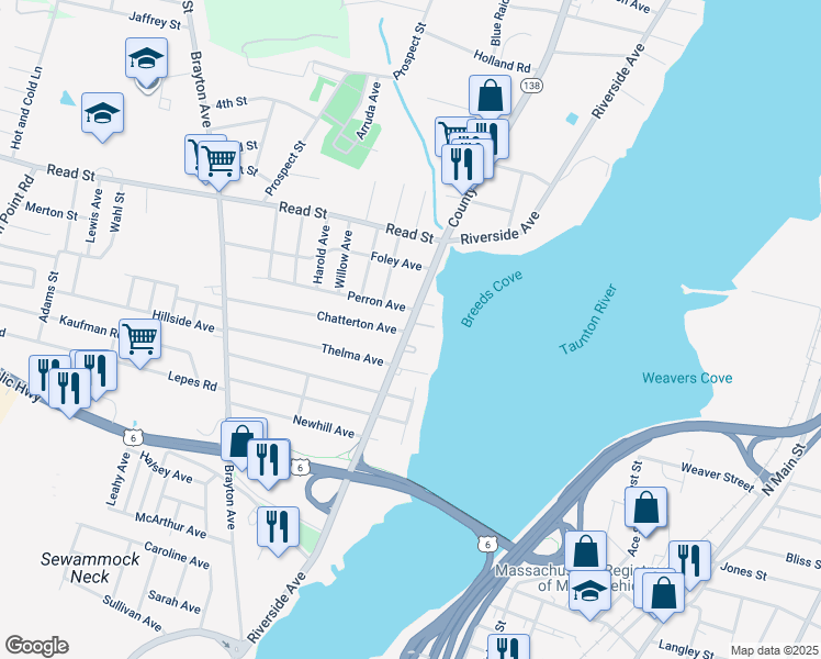 map of restaurants, bars, coffee shops, grocery stores, and more near 1238 Riverside Avenue in Somerset