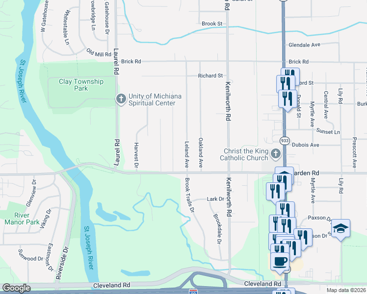 map of restaurants, bars, coffee shops, grocery stores, and more near 52082-52498 Leland Ave in South Bend