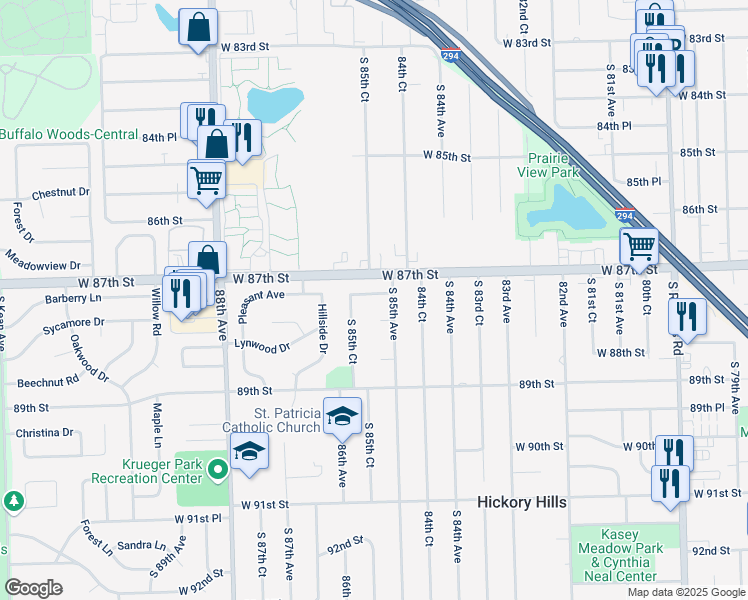 map of restaurants, bars, coffee shops, grocery stores, and more near 8517 87th Place in Hickory Hills