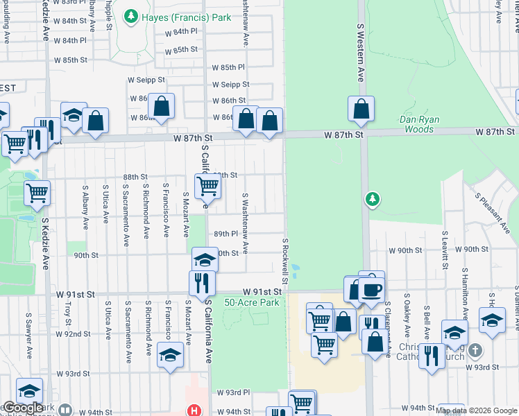 map of restaurants, bars, coffee shops, grocery stores, and more near 2621 West 89th Street in Evergreen Park