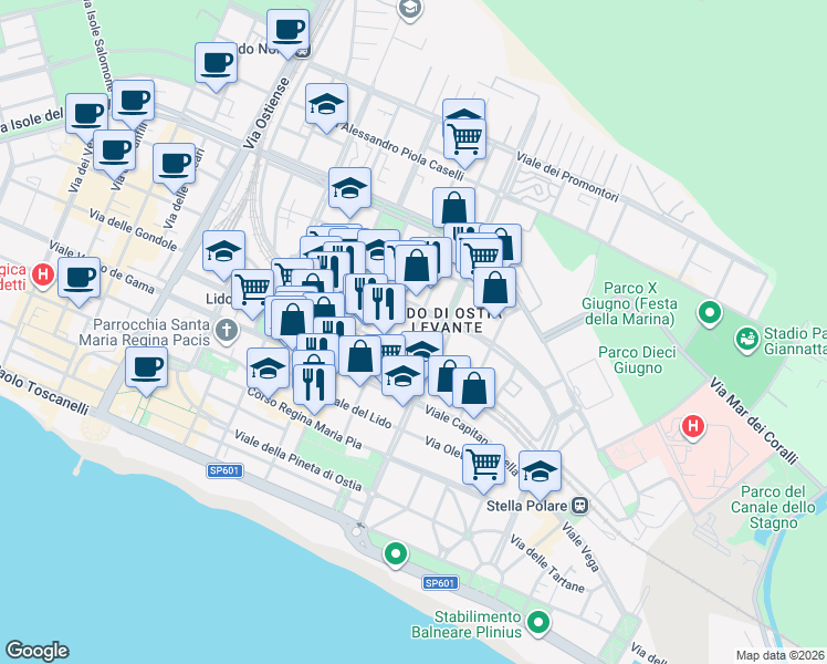 map of restaurants, bars, coffee shops, grocery stores, and more near 14 Via Federico Paolini in Lido di Ostia