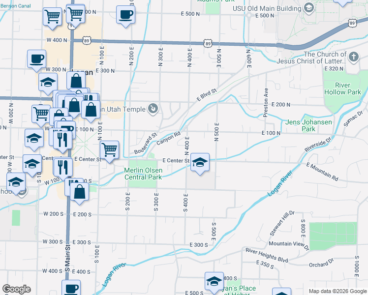 map of restaurants, bars, coffee shops, grocery stores, and more near 395 East Center Street in Logan