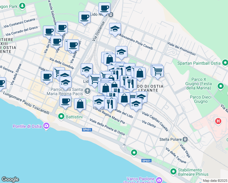 map of restaurants, bars, coffee shops, grocery stores, and more near 38 Via della Stazione del Lido in Lido di Ostia