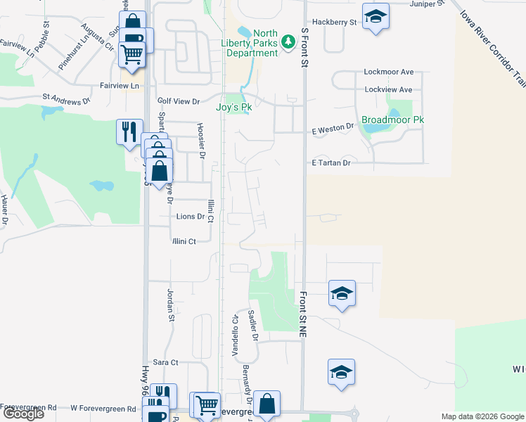 map of restaurants, bars, coffee shops, grocery stores, and more near 1064 Sunnyside Drive in North Liberty
