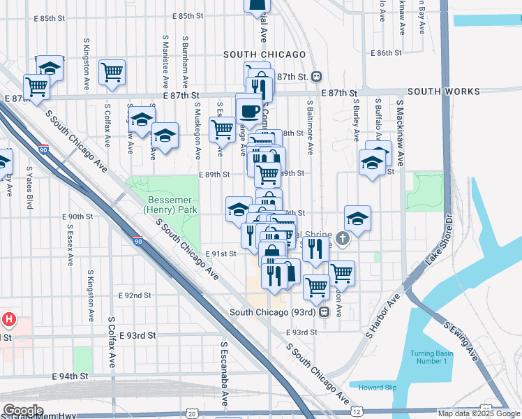map of restaurants, bars, coffee shops, grocery stores, and more near 8954 South Commercial Avenue in Chicago