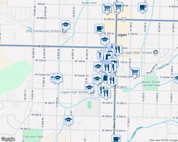 map of restaurants, bars, coffee shops, grocery stores, and more near 10 North 200 West in Logan