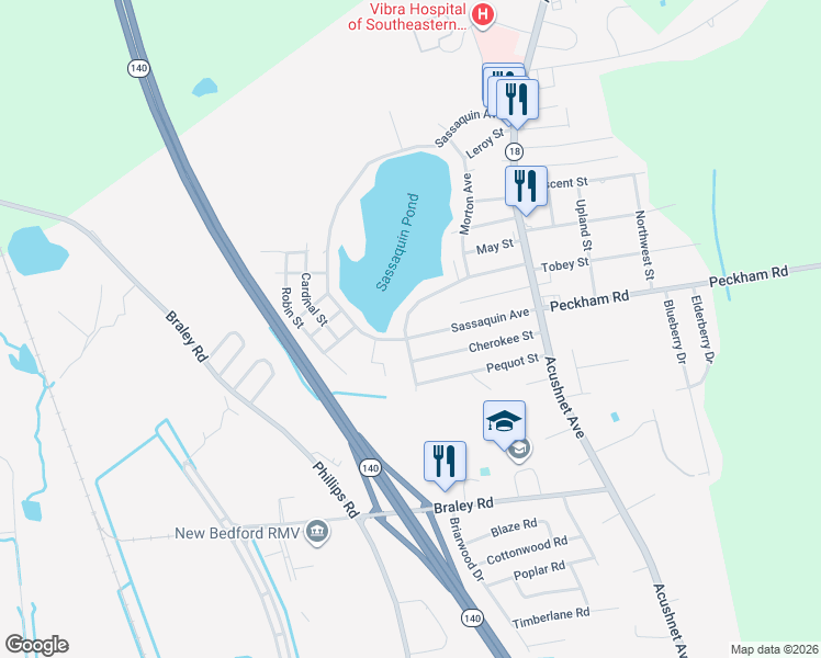 map of restaurants, bars, coffee shops, grocery stores, and more near 1146 Tobey Street in New Bedford