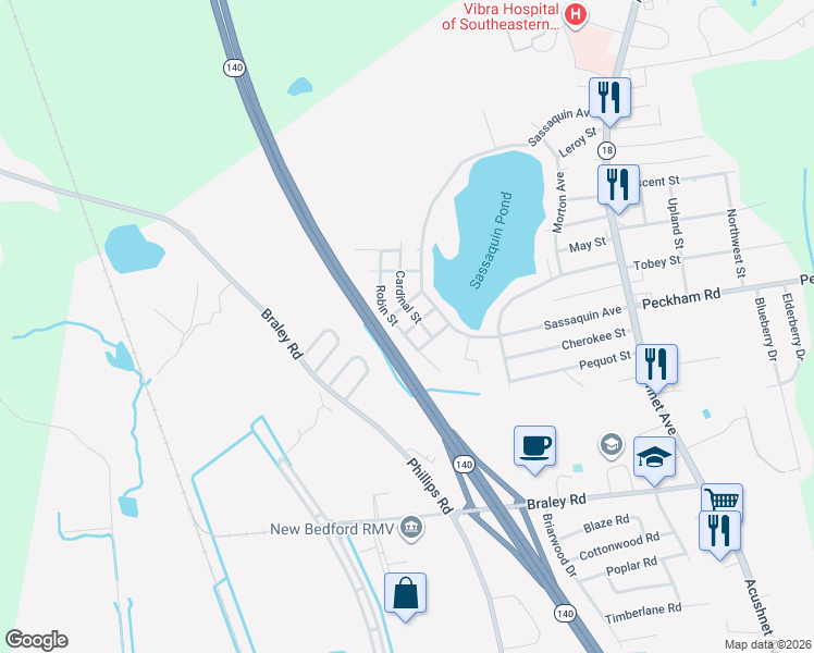 map of restaurants, bars, coffee shops, grocery stores, and more near 1220 Robin Street in New Bedford