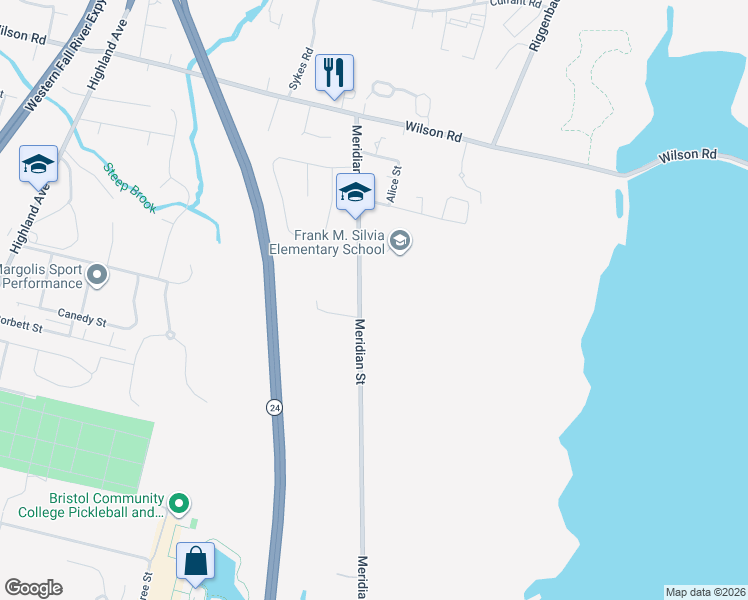 map of restaurants, bars, coffee shops, grocery stores, and more near 1717 Meridian Street in Fall River