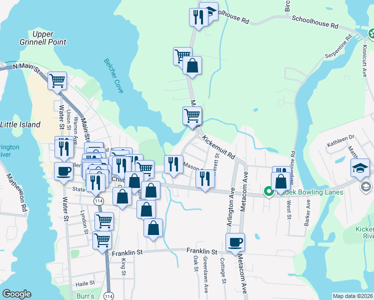 map of restaurants, bars, coffee shops, grocery stores, and more near 27 Benefit Street in Warren