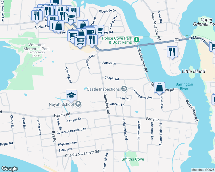 map of restaurants, bars, coffee shops, grocery stores, and more near 66 Rumstick Road in Barrington