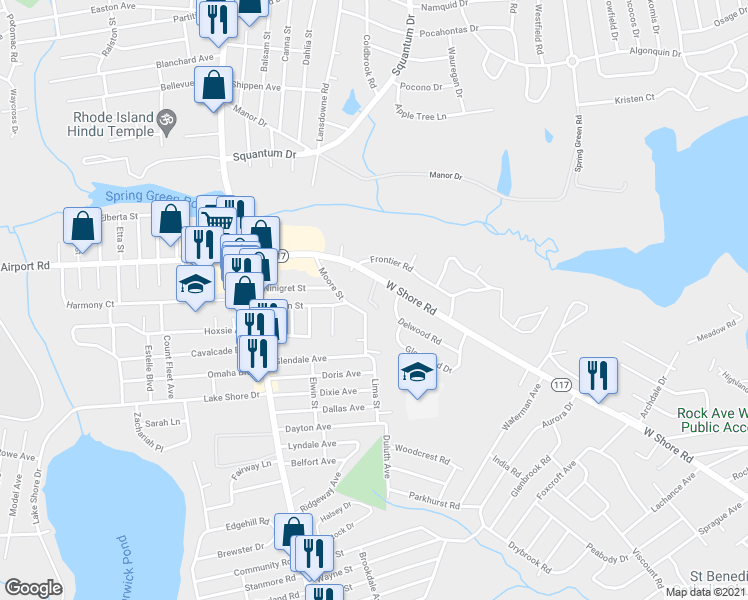 map of restaurants, bars, coffee shops, grocery stores, and more near 100 Moore Street in Warwick