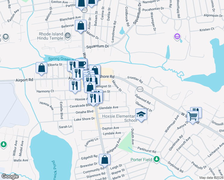 map of restaurants, bars, coffee shops, grocery stores, and more near 11 Anoka Road in Warwick