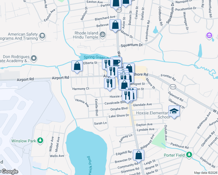 map of restaurants, bars, coffee shops, grocery stores, and more near 61 Hoxsie Avenue in Warwick