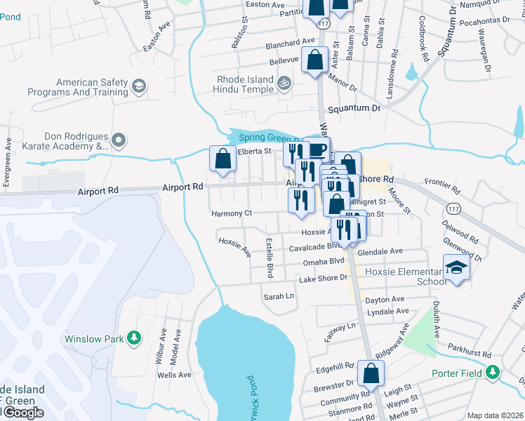 map of restaurants, bars, coffee shops, grocery stores, and more near 157 Hoxsie Avenue in Warwick