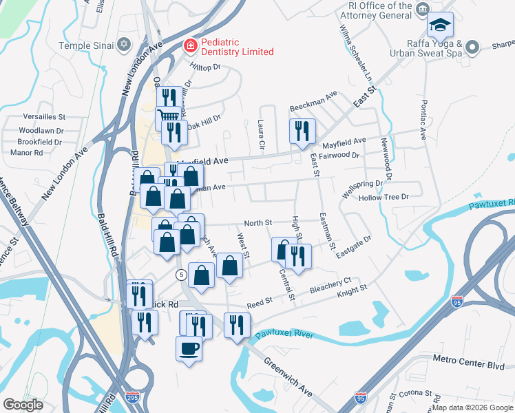 map of restaurants, bars, coffee shops, grocery stores, and more near 109 North Street in Warwick