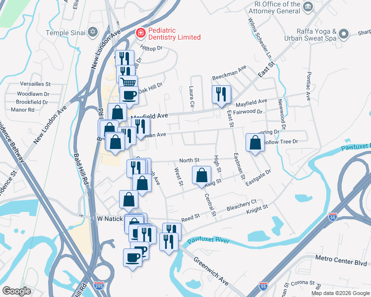 map of restaurants, bars, coffee shops, grocery stores, and more near 109 North Street in Warwick
