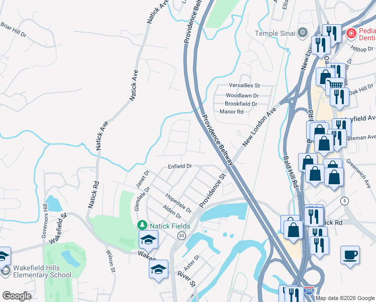 map of restaurants, bars, coffee shops, grocery stores, and more near 55 Enfield Drive in West Warwick