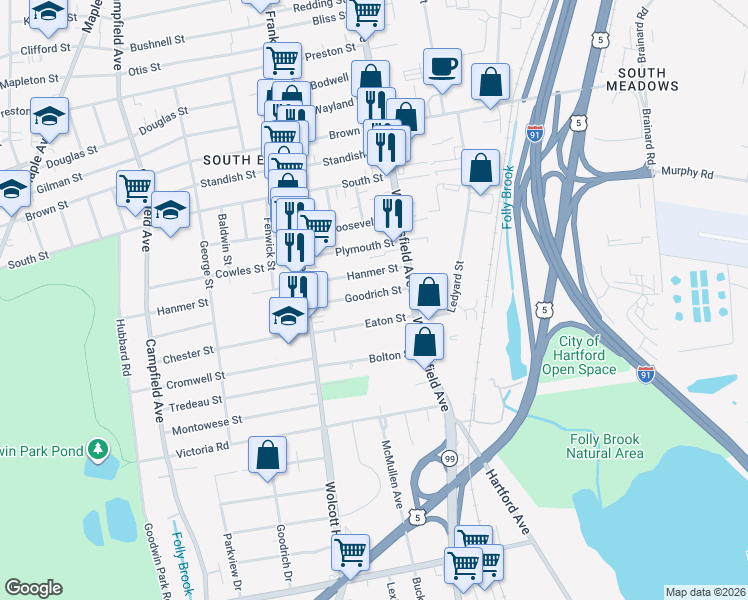 map of restaurants, bars, coffee shops, grocery stores, and more near 46 Eaton Street in Hartford
