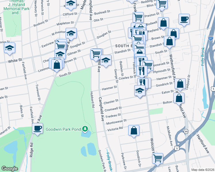map of restaurants, bars, coffee shops, grocery stores, and more near 208 Goodrich Street in Hartford