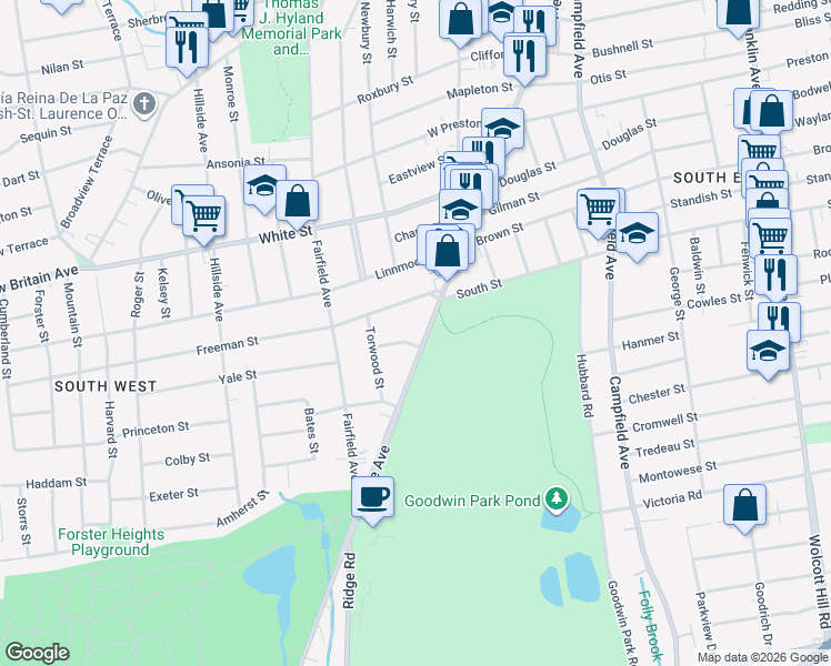 map of restaurants, bars, coffee shops, grocery stores, and more near in Hartford