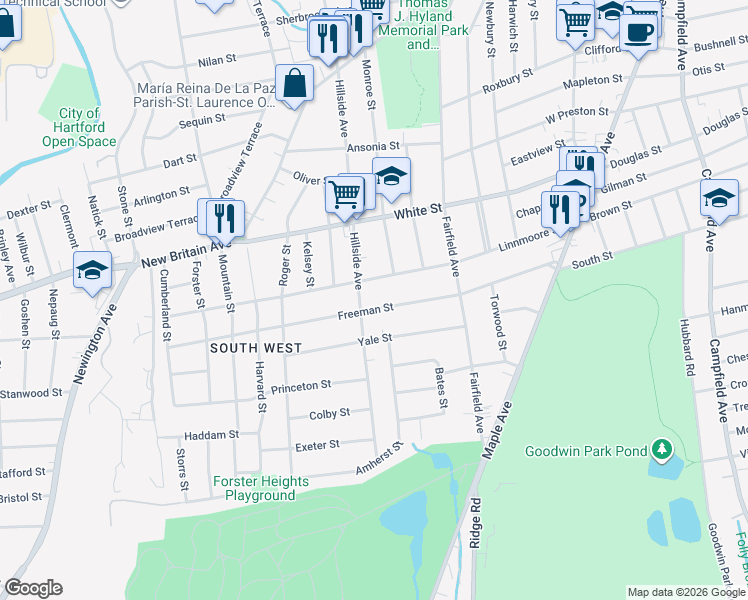 map of restaurants, bars, coffee shops, grocery stores, and more near 656 Hillside Avenue in Hartford