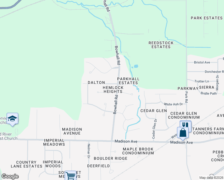 map of restaurants, bars, coffee shops, grocery stores, and more near 105 Hemlock Court in Painesville