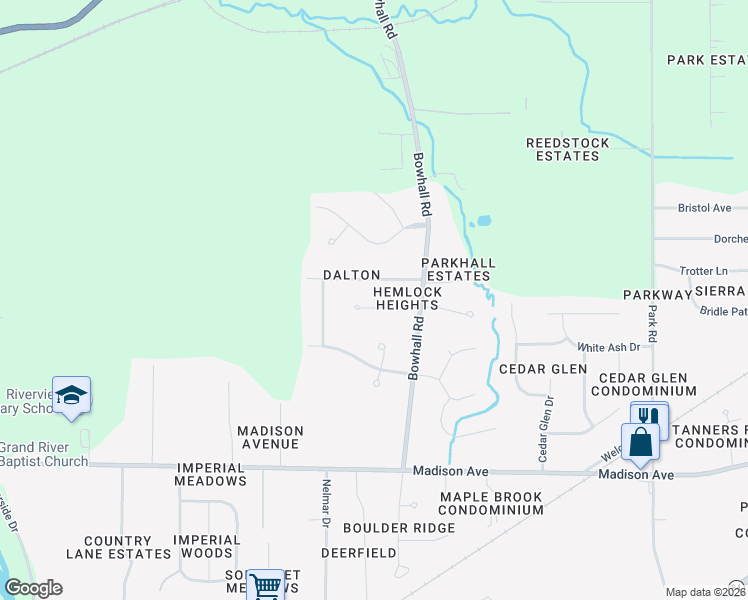 map of restaurants, bars, coffee shops, grocery stores, and more near 135 Hemlock Court in Painesville