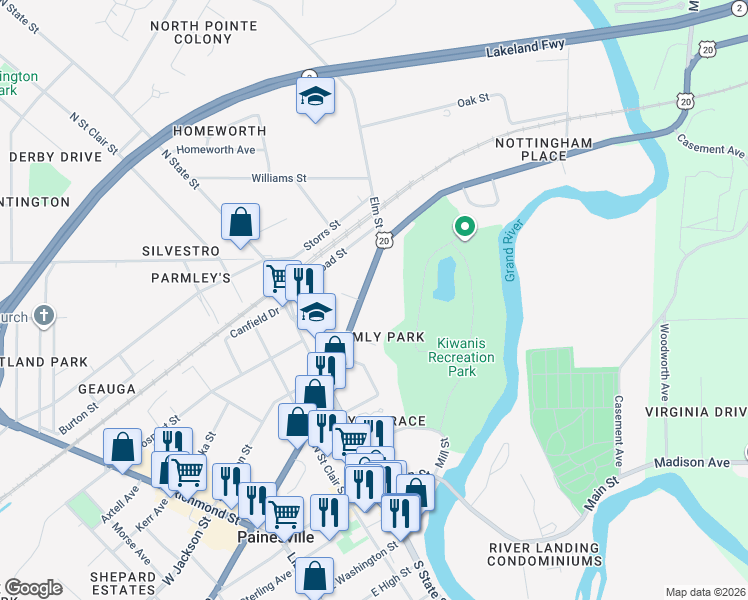 map of restaurants, bars, coffee shops, grocery stores, and more near 424 East Erie Street in Painesville