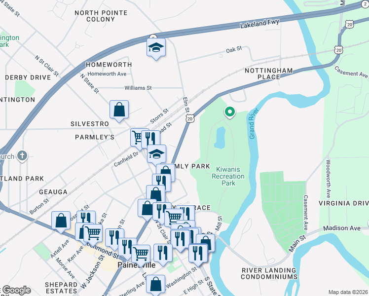 map of restaurants, bars, coffee shops, grocery stores, and more near 424 East Erie Street in Painesville