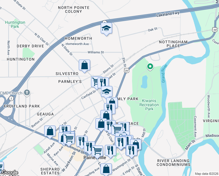 map of restaurants, bars, coffee shops, grocery stores, and more near 407 East Erie Street in Painesville