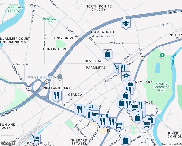 map of restaurants, bars, coffee shops, grocery stores, and more near 250 Chester Street in Painesville