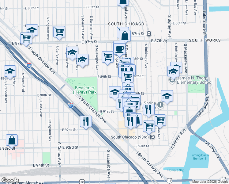 map of restaurants, bars, coffee shops, grocery stores, and more near 9001 South Escanaba Avenue in Chicago