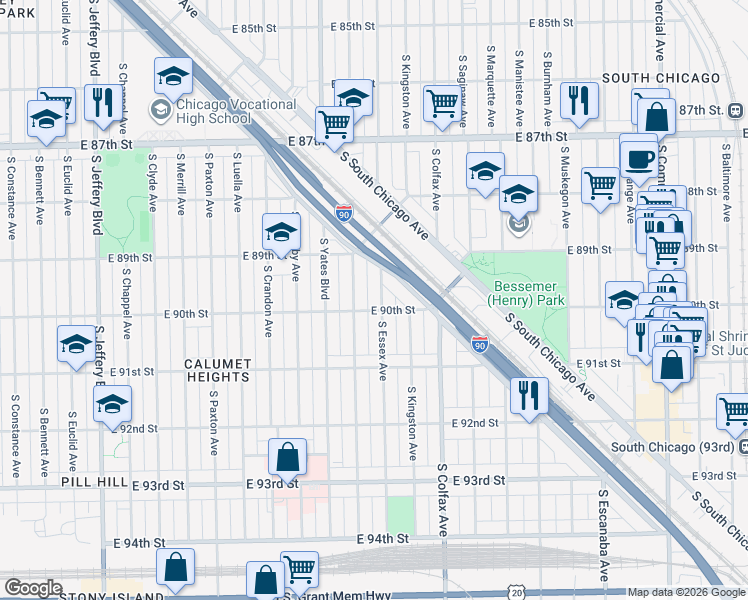 map of restaurants, bars, coffee shops, grocery stores, and more near 9004 South Essex Avenue in Chicago