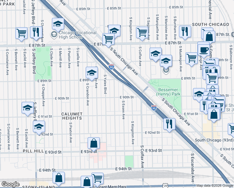 map of restaurants, bars, coffee shops, grocery stores, and more near 9004 South Essex Avenue in Chicago