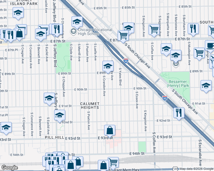 map of restaurants, bars, coffee shops, grocery stores, and more near 9004 South Crandon Avenue in Chicago