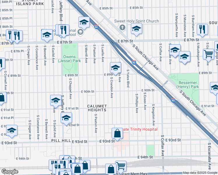 map of restaurants, bars, coffee shops, grocery stores, and more near 9004 South Crandon Avenue in Chicago