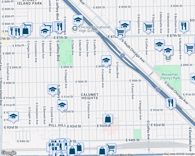 map of restaurants, bars, coffee shops, grocery stores, and more near 9004 South Crandon Avenue in Chicago