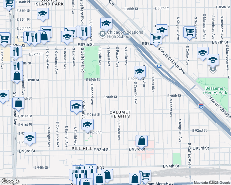 map of restaurants, bars, coffee shops, grocery stores, and more near 2141 East 90th Street in Chicago