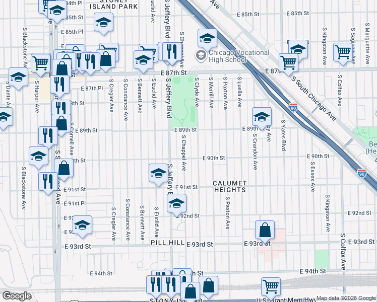 map of restaurants, bars, coffee shops, grocery stores, and more near 9000 South Chappel Avenue in Chicago