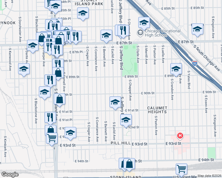 map of restaurants, bars, coffee shops, grocery stores, and more near 1911 East 90th Street in Chicago