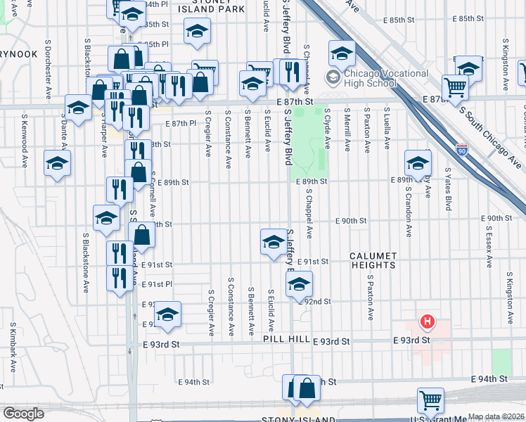 map of restaurants, bars, coffee shops, grocery stores, and more near 1911 East 90th Street in Chicago