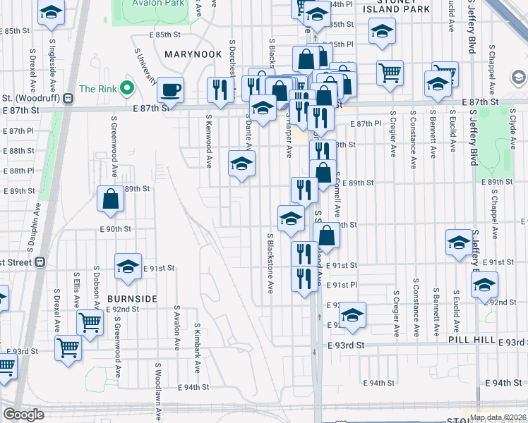 map of restaurants, bars, coffee shops, grocery stores, and more near 8949 South Blackstone Avenue in Chicago