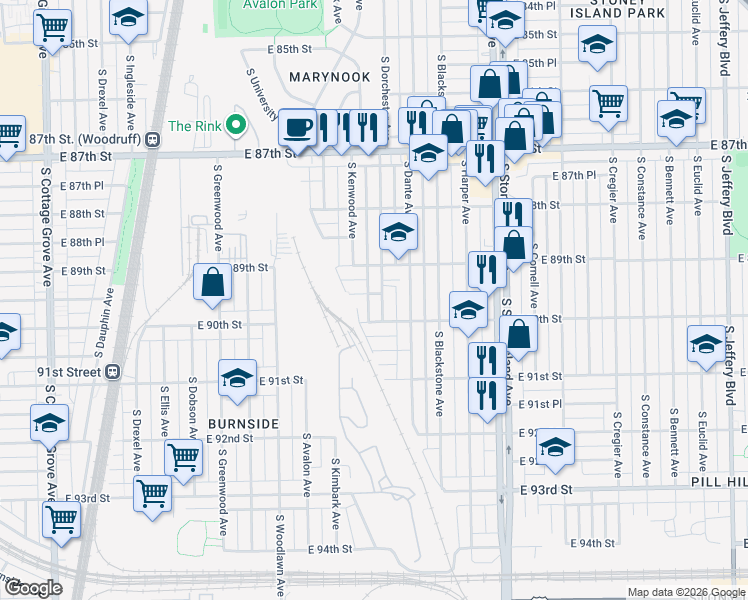 map of restaurants, bars, coffee shops, grocery stores, and more near 1344 East 90th Street in Chicago
