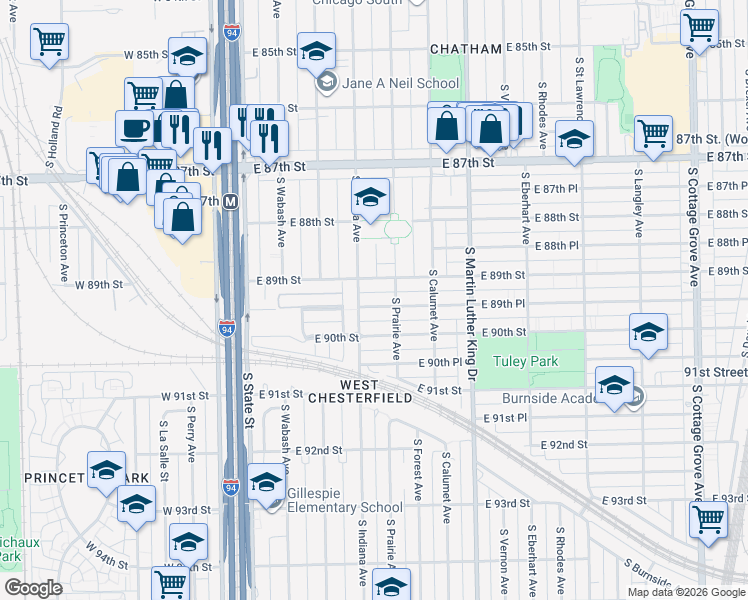 map of restaurants, bars, coffee shops, grocery stores, and more near 231 East 89th Place in Chicago